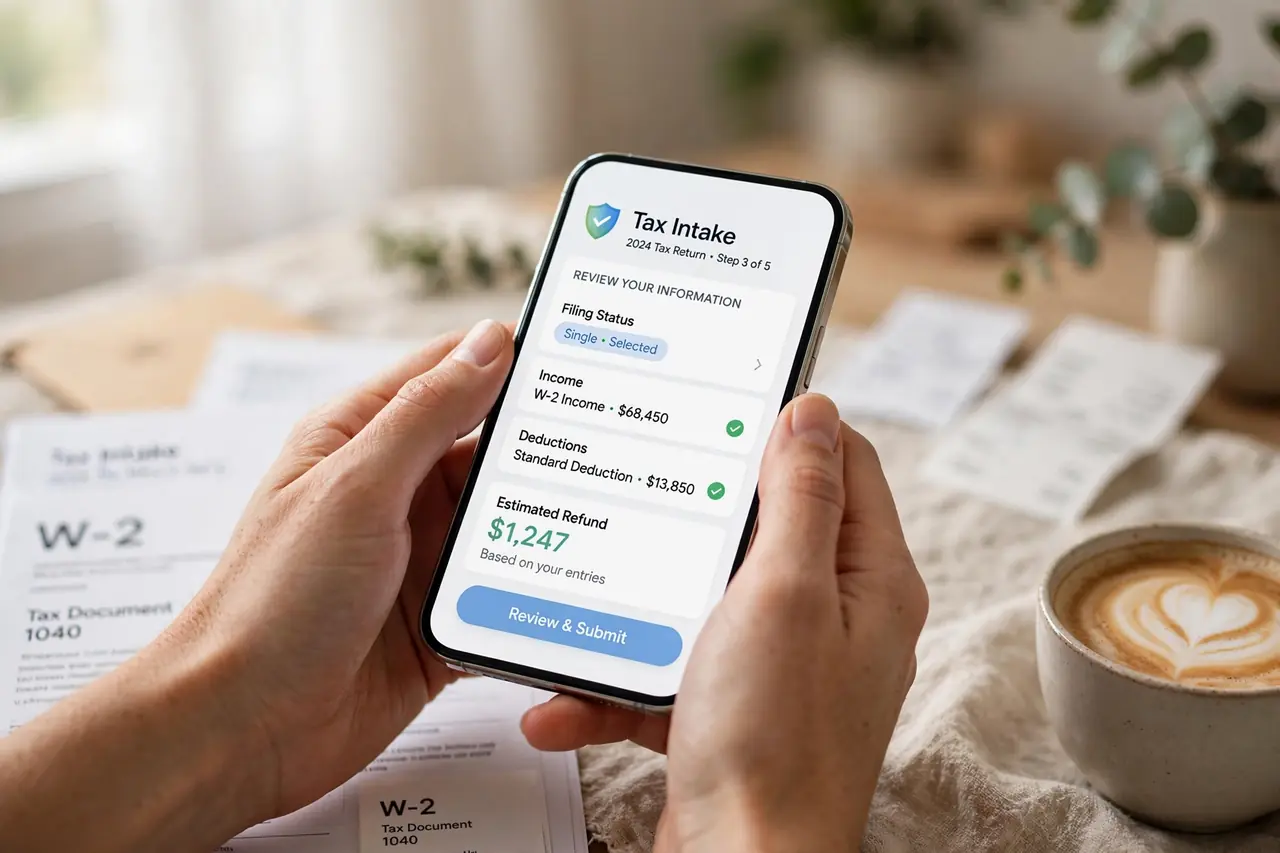 Client completing Tax Audacity intake on a smartphone at home with W-2 documents nearby